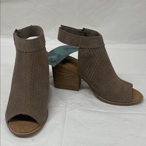 Toms Taupe Suede Perforated Peep-Toe Block Heel Booties